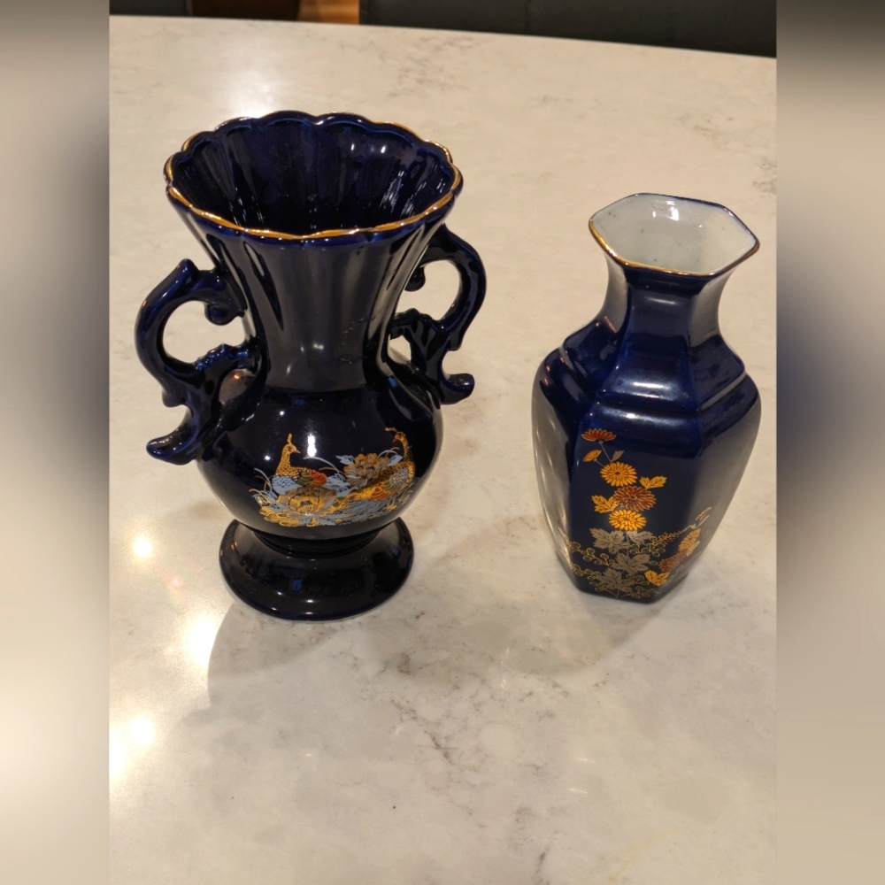 Cobalt Peacock and Flowers Oriental Vases Gold Trim Set of 2